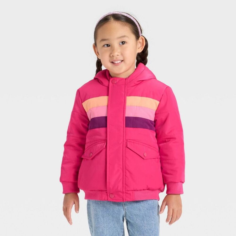 Toddler Girls' Striped Heavyweight Puffer Jacket - Cat & Jack Pink 4T